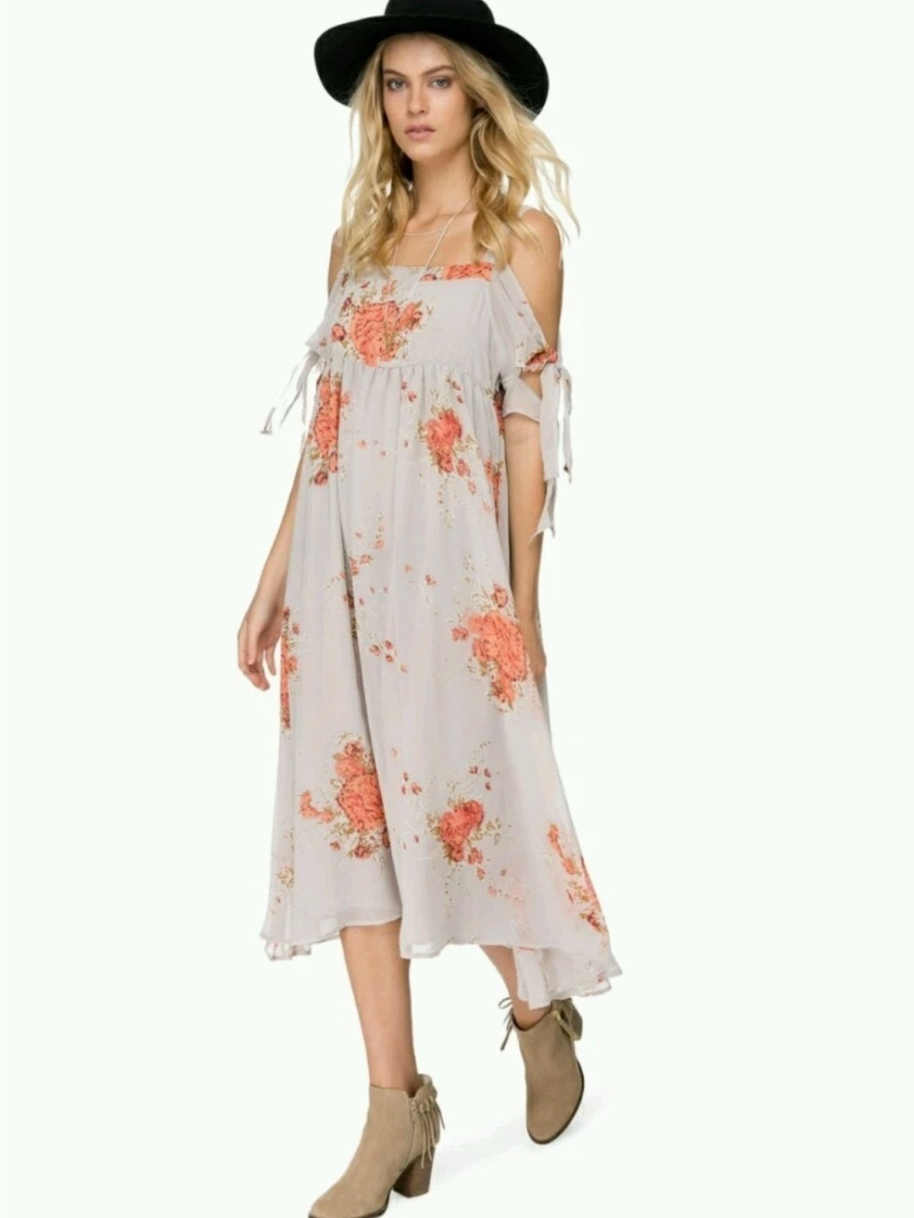 Free People Tied to You women’s off shoulder boho floral midi flowy dress MEDIUM